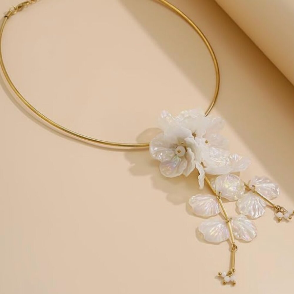 Anthropologie Gold Choker Necklace with Iridescent White Floral Pendant